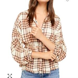 Free People Pacific Dawn Draw String Plaid Shirt Viscose Wool Blend Size Medium